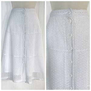 Timeless White Eyelet Button Front Midi Skirt